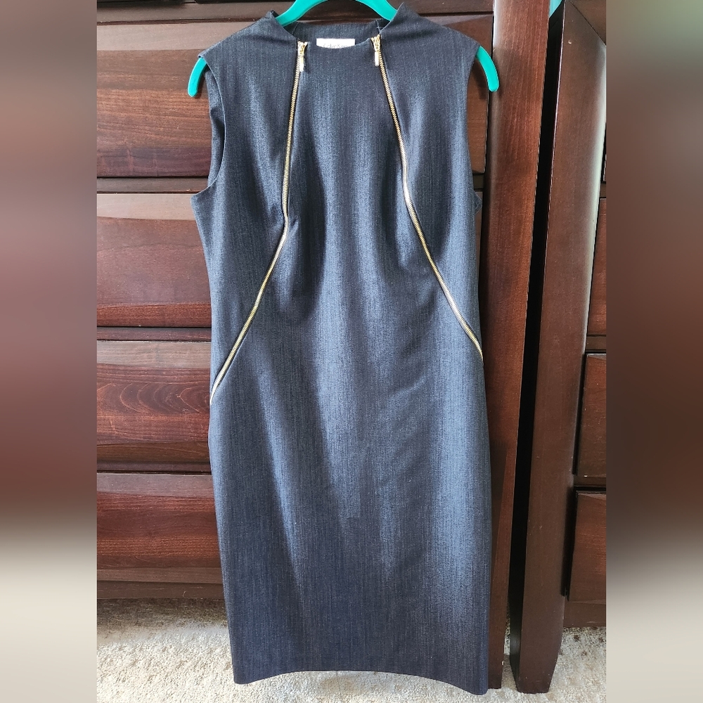 Calvin Klein Charcoal Grey Black Sheath High Neck Mini Dress Gold Zipper US 8